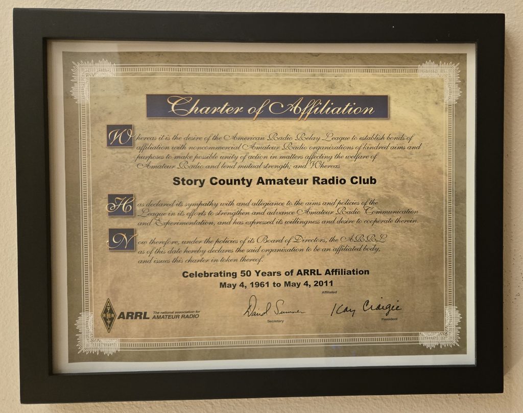 50 year anniversary certificate of the ARRL affiliation
