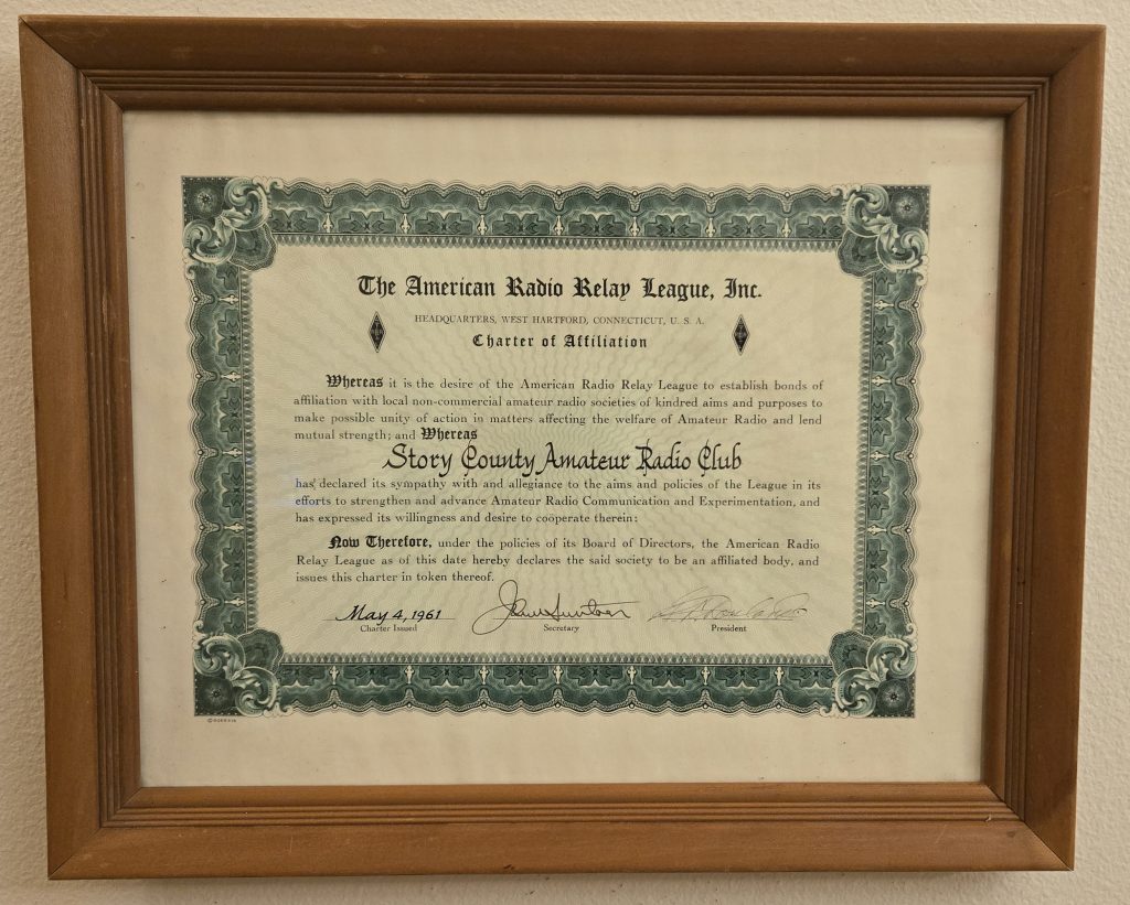 Photo of the ARRL Certer of Affiliation Certificate for the Story County Amateur Radio Club